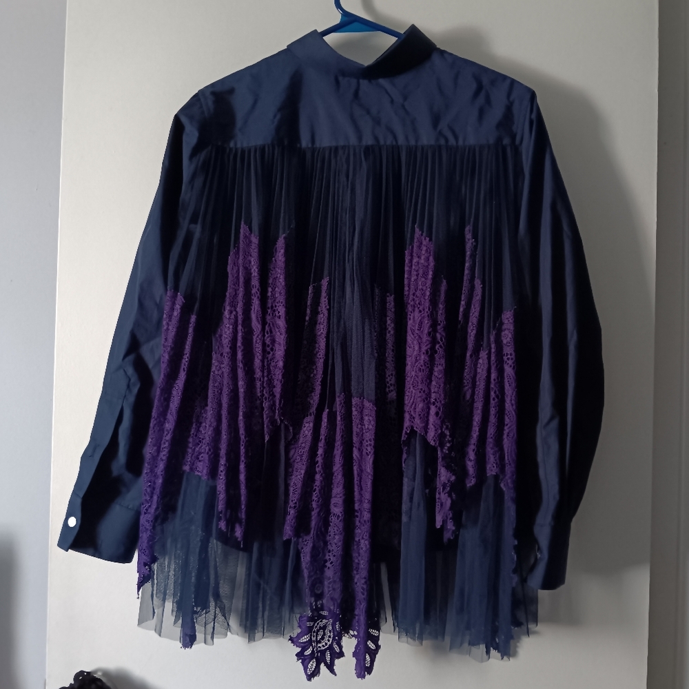 Beautiful SACAI Blue Cotton + Purple Lace Back Shirt S/M 2